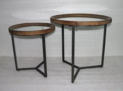 Modern Furniture Set of 2 Wood and Metal Glass Coffee Table 98316
