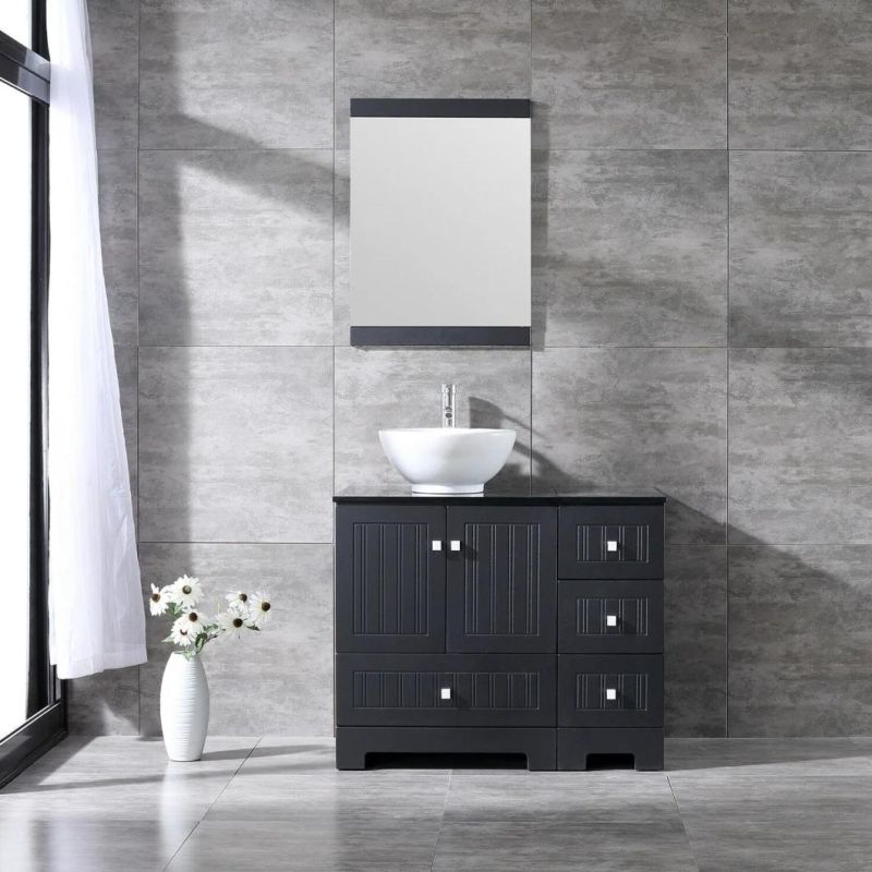 36inch Bathroom Vanity PVC Cabinet Porcelain Vessel Sink Bowl W/Glass Top Sets