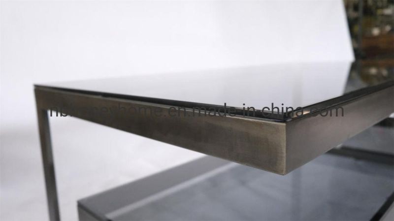 Modern Antique Black Natural Color Metal Frame Grey Glass Coffee Table