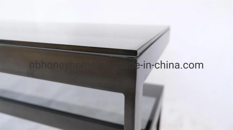 Hand Brushed Natural Black Metal Frame Grey Glass Top Coffee Table