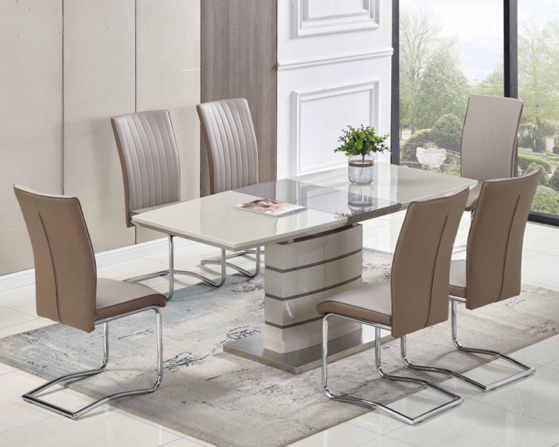 Top 1 Best Seller High Gloss Cappuccino and Latte MDF Extension Dining Table with Super White Tempered Glass