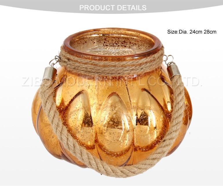 Wholesale Pumpkin Shape Electroplating Glass Jar Candle Holder with Hemp Rope