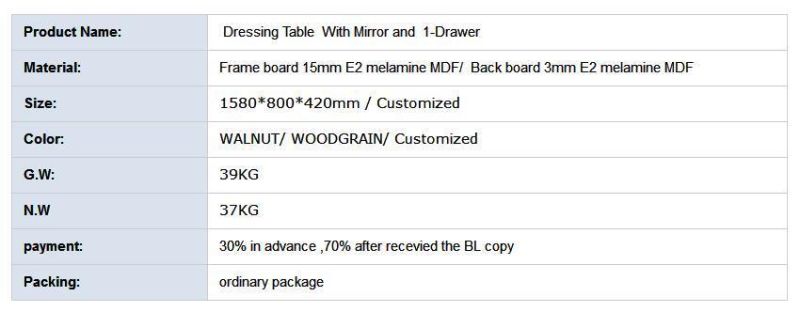 Simple Modern Furniture Dressing Table with Mirror and 1-Drawer for Bedroom Customized