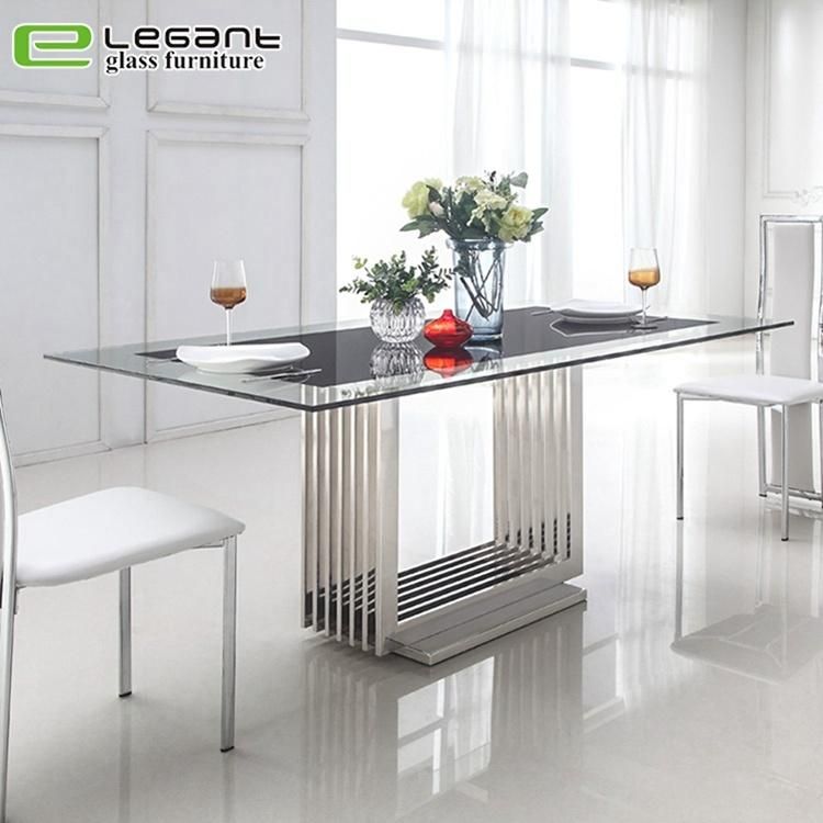 Black Painted Tempered Glass Dining Table with Stainless Steel Base