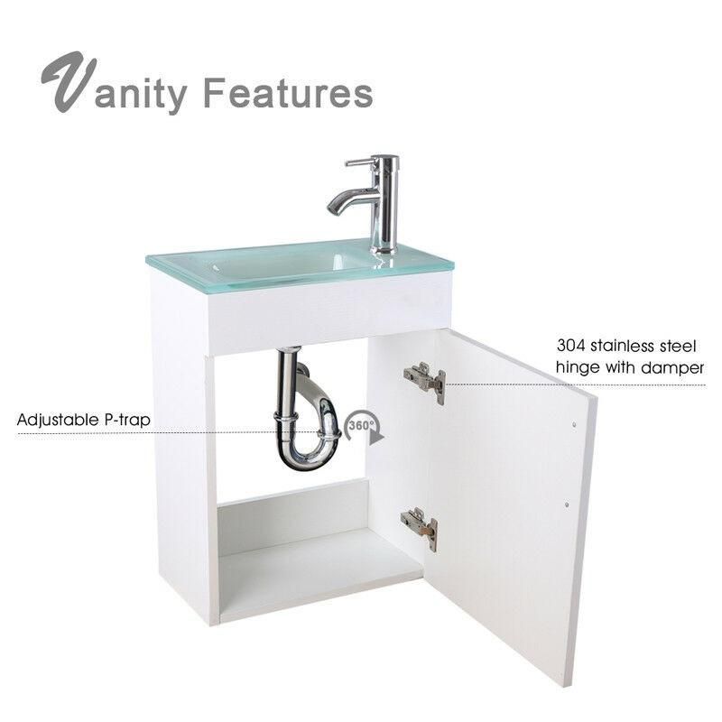 19" White Bathroom Vanity Small Wall Mount Glass Sink Faucet Drain Combo P Trap