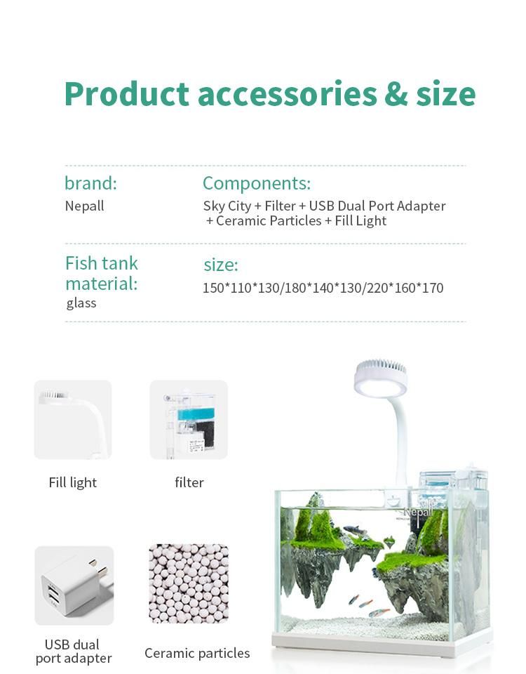 Yee Glass Ecological Fish Tank Accessories Filter LED Light Mini Aquarium Table