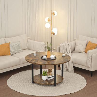 Living Room Table Wooden Circle Coffee Table with Ribbon Storage