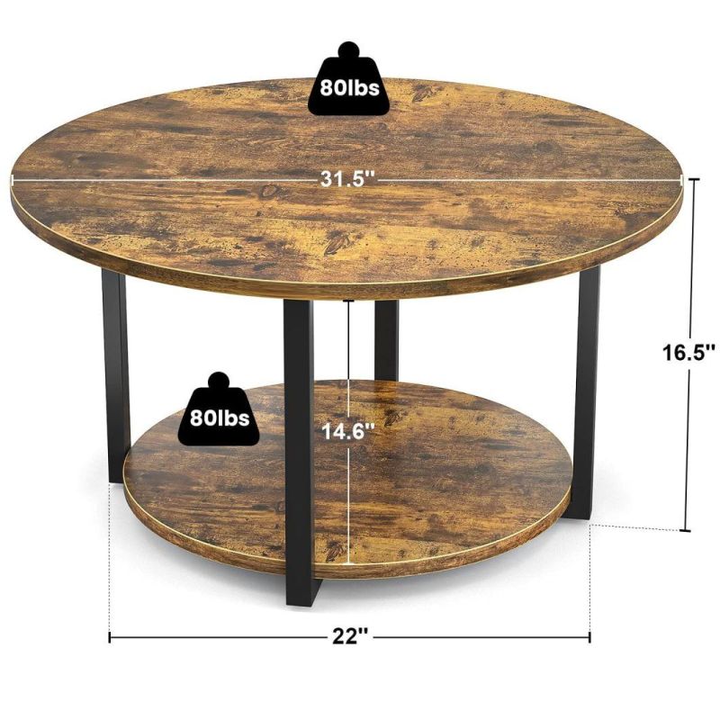 Living Room Table Wooden Circle Coffee Table with Ribbon Storage