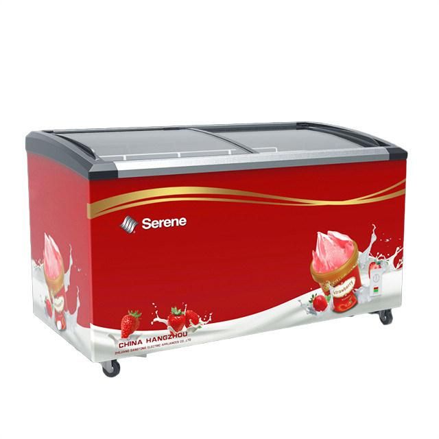 2022 New Type Energy Saving 498L Ice Cream Showcase Display Freezer Curved Glass Door Chest Freezer