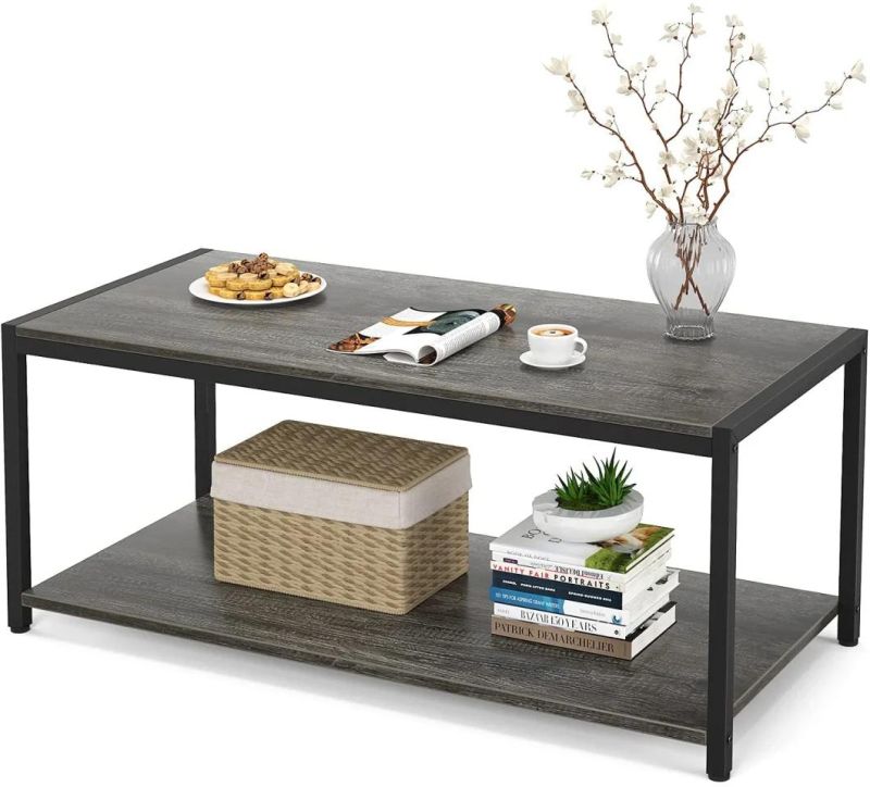 Wood Coffee Table with Hidden Compartment and Adjustable Storage Shelf for Home Living Room