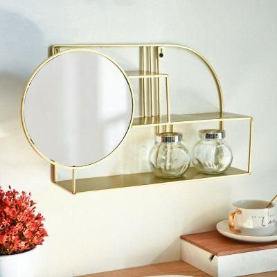 Rustic Bronze Golden Multi Functional Wall-Hanging Shelf with Mirror in Bathroom