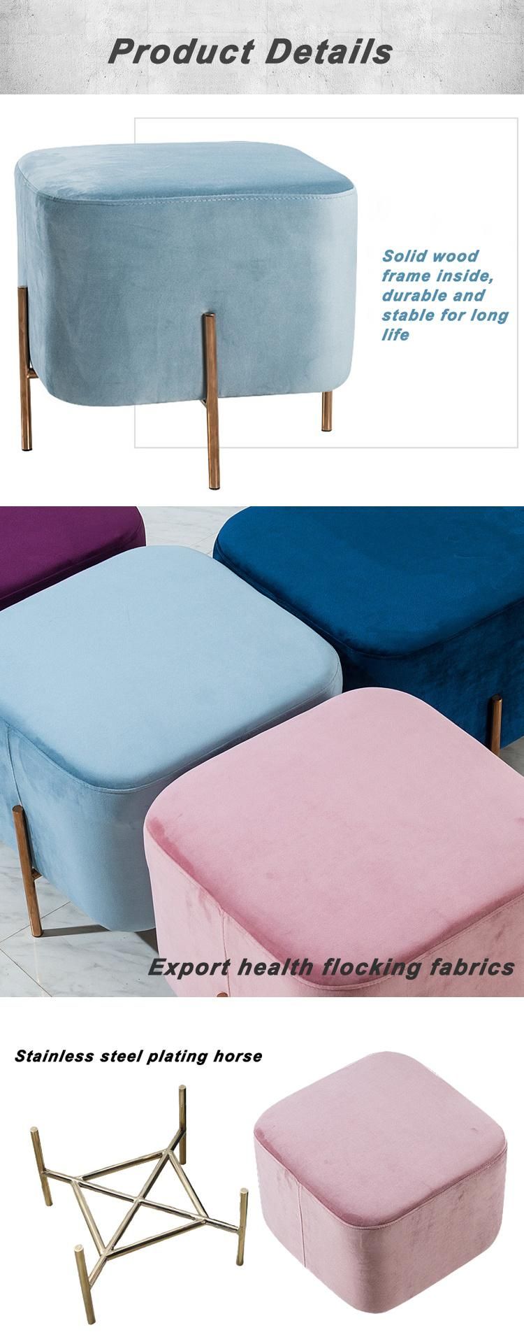 Modern Grey Square Upholstered Footstool Solid Gold Metal Legs Fabric Velvet Stool Ottoman for Home Living Room