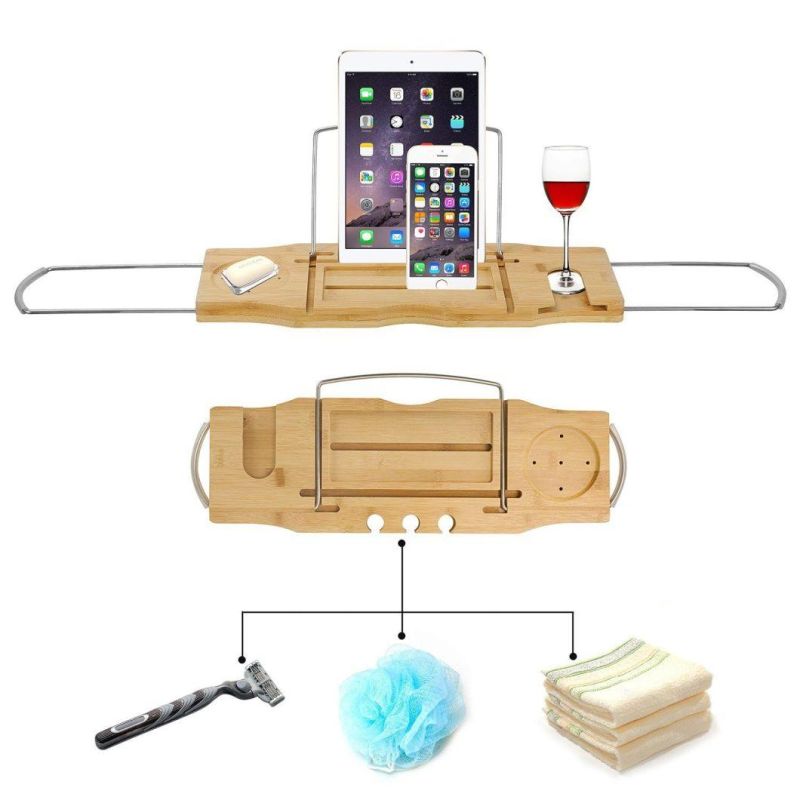 Bamboo Bathtub Caddy Tray, Expandable Bath Shelf Across Tub Shelf with Stainless Steel Rack (Rubber Grips) to Organizer Book Wine Glass Tablet Phone