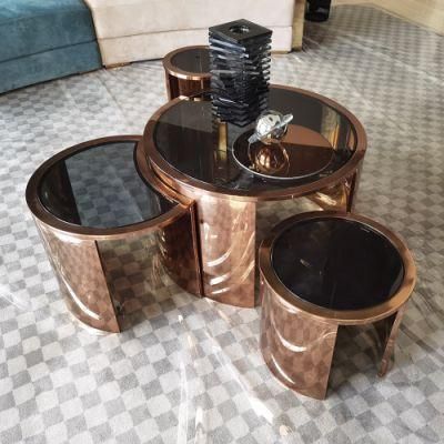 New Modern Design Mirrored Rose Gold Base Glass Top Coffee Table Set