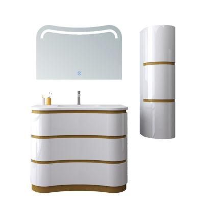 IP44 New Design LED Luxury PVC Curved Wall Mounted Bathroom Glass Basin Sanitary Ware Cabinet