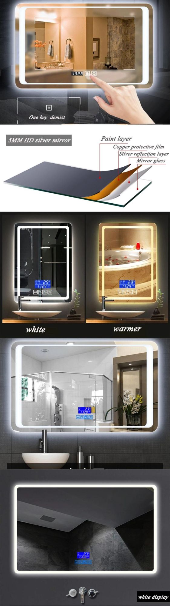 Defogger Lighted Bluetooth Digital Clock LED Bathroom Smart Mirror (Bg-010)