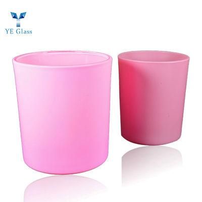 Candy Pink Frosted Glass Candle Holder with Bamboo Lid for Decoration