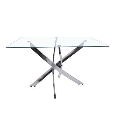 Long Dining Table with Glass Stainless Steel Frame Base Tempered Glass Large Luxury Dining Table