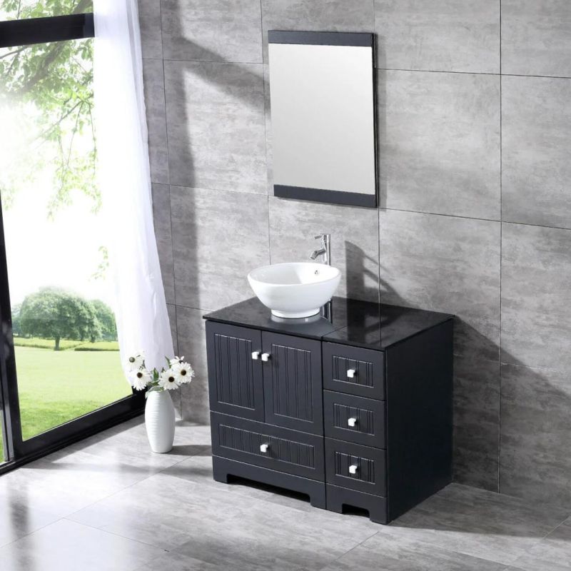36inch Bathroom Vanity PVC Cabinet Porcelain Vessel Sink Bowl W/Glass Top Sets