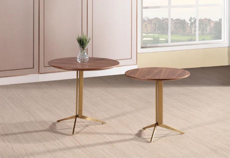 Mini Round Hotel Tea Table Stainless Steel Frame with Veneer Top