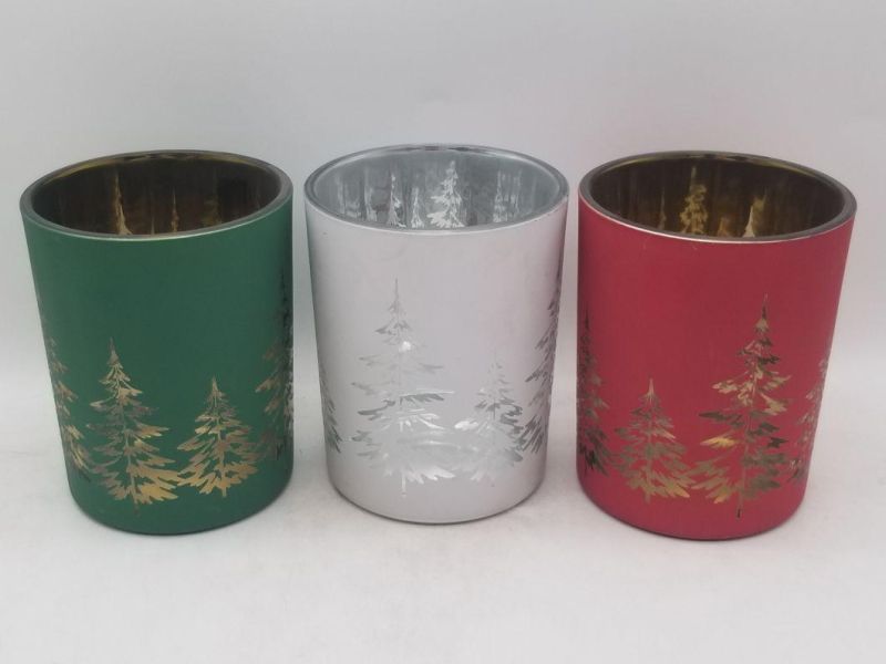 Xmas Glass Candle Holder with Golden Inside and Chirstmas Tree on Outside in Different Colours
