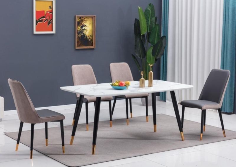 Home Livining Room Furniture Table Sets Tempered Glass Marble Effect Table Top Dining Table with Coated Steel Plate Leg