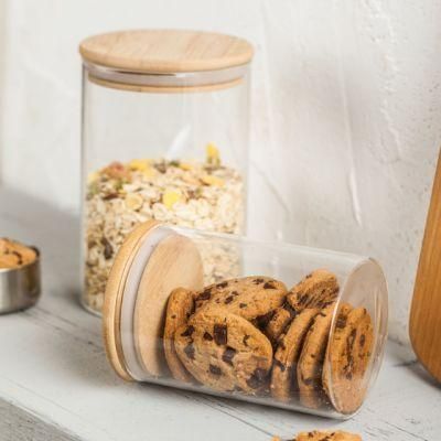 Airtight Leakproof Food Kitchen Spice Coffee Pasta Honey Storage Bottles Borosilicate Glass Jar Container Bamboo Wooden Lid