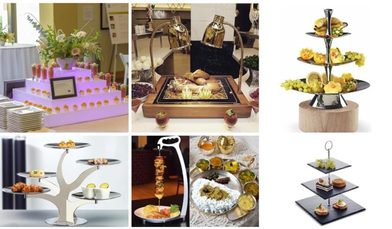 Modern Skyline Beauty Black Glass Gold Stainless Steel Hotel Restaurant Wedding Decoration Catering Equipment Candy Dessert Buffet Food Display Risers and Stand