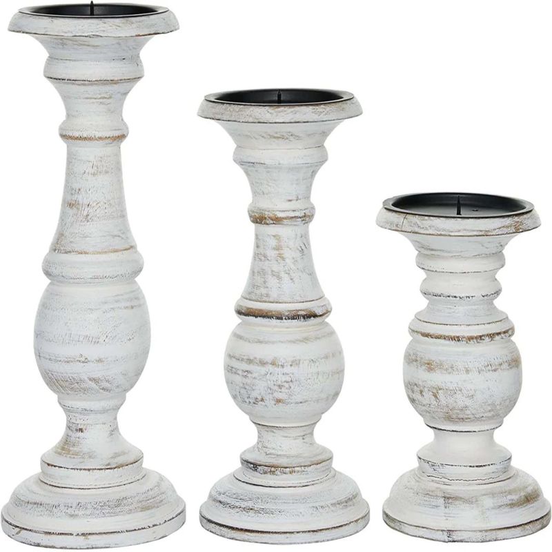 Traditional Mango Wood Candle Holder Pillar Candle Holders Decorative Candlestick Holder for Home Decor Wedding Dining White/Rose Blush