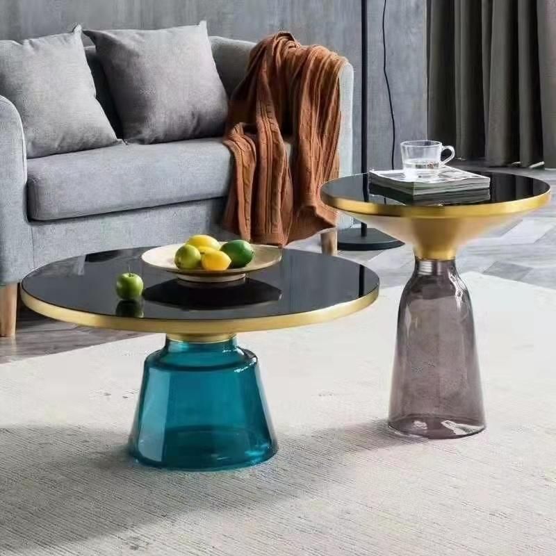 Glass Round Top Metal Stainless Steel Gold Color Side Tea Table Tempered Glass Base Art Coffee Table