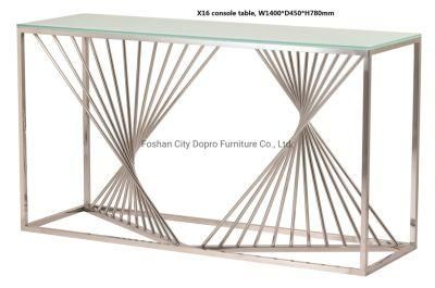 Dopro Simple Style Stainless Steel Polished Silver Colour Console Table X16 with White Tempered Glass