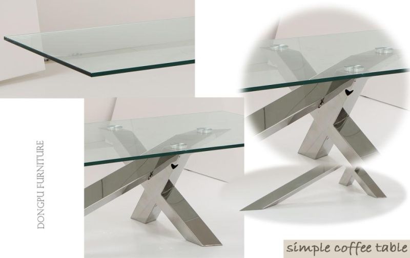 Glass Top Coffee Table with Stainless Steel Titanium U-Shaped Base Post