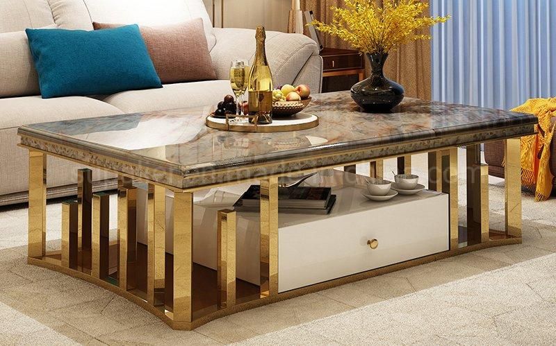 Economic Multifunction Marble Gold Coffee Table with Drawer