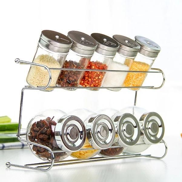 Kitchenware Nine Piece Glass Spice Jar Set and Rack