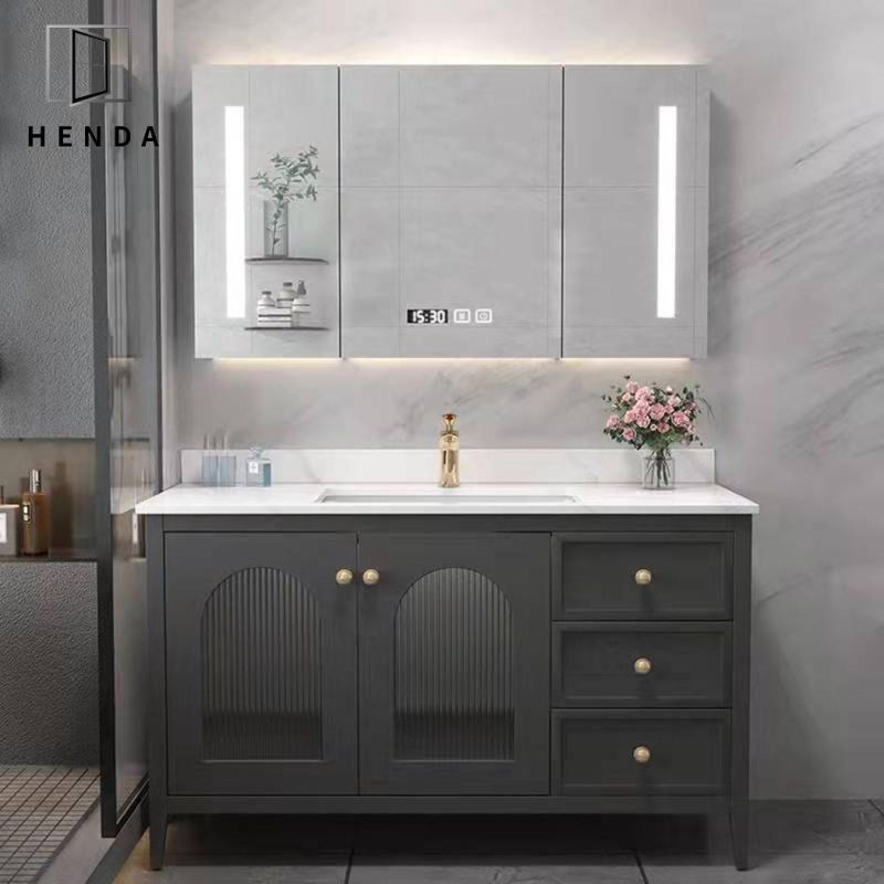 Luxury Designs Glass Opening Door 2/3 Drawers Solid Wood Toilet Cabinet