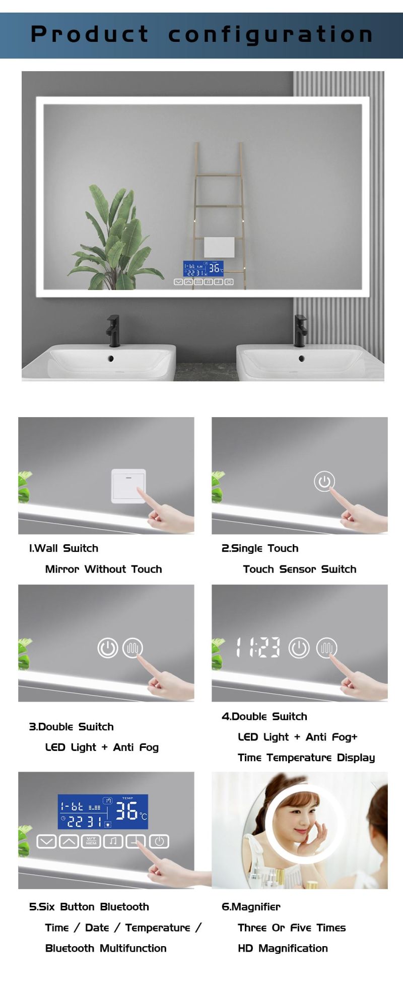 Hotel LED Wall Mirrors Frameless Bath Mirrors Bathroom Lighted Glass Mirror with Waterproof IP44 Rating