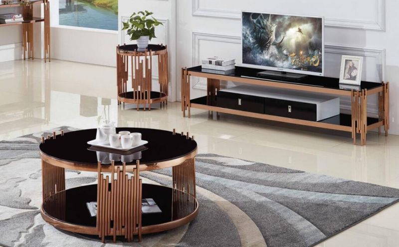 Modern Plain Glass Top Chanel Base Dining Coffee Table Gold Stainless Steel Round Table