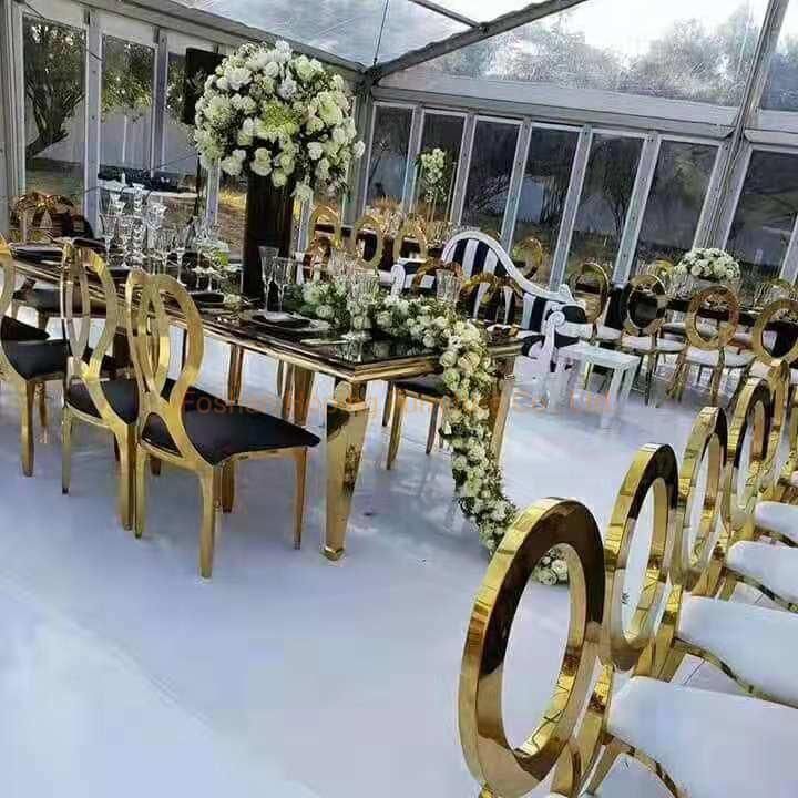 Restaurant Dining Wedding Chair Table Gold Stainless Steel Hotel Banquet Cake Table with 6 Seat