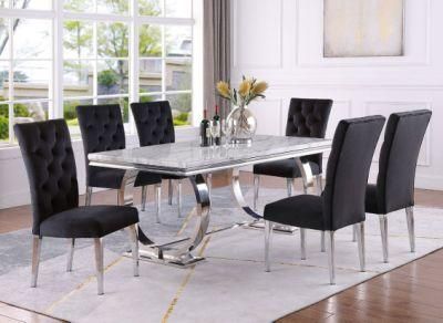 Marble Top Dining Table with Black Velvet Chairs Glass Top Dining Table with Chrome Base