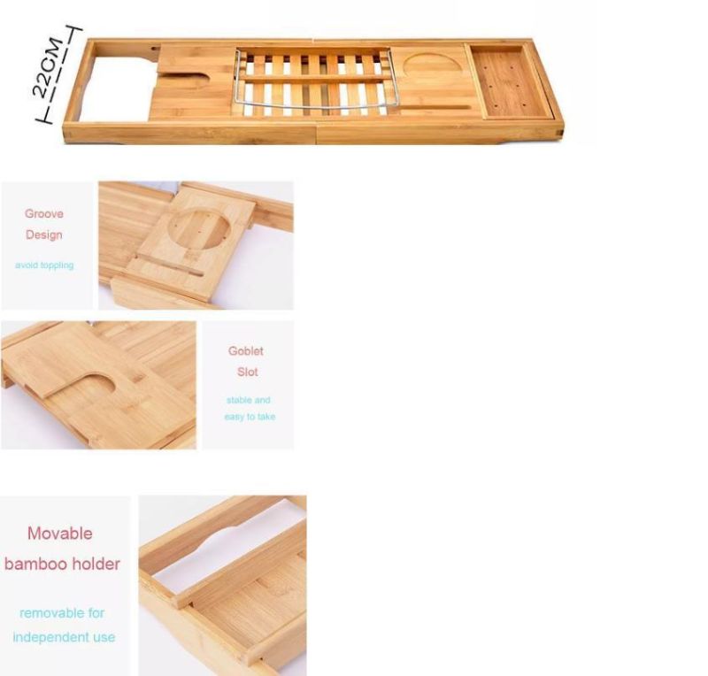 Bamboo and Wood Bath Tray with Bookcase Wine Glass Holder Folding Bamboo Bathroom Tray SPA Reading Tray Holder