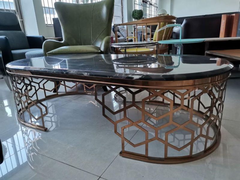 South Africa Middle East Modern Luxury Home Furniture Oval Metal Coffee Tables with Marble Top