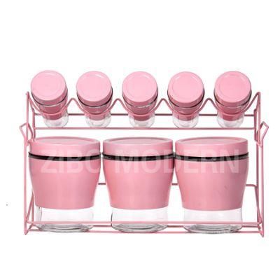 Coated Metal + Glass Pink Color Spice Rack Holder with 6 Shaker and 3 Canister - Spice Storage Rack