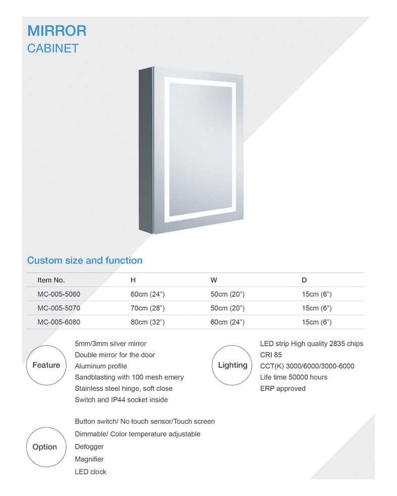 Single Door Mc005 Aluminum Medicine Cabinet with Mirror Bathroom Lighted Mirror Cabinet with Adjustable Glass Shelves Recessed or Surface Mounting