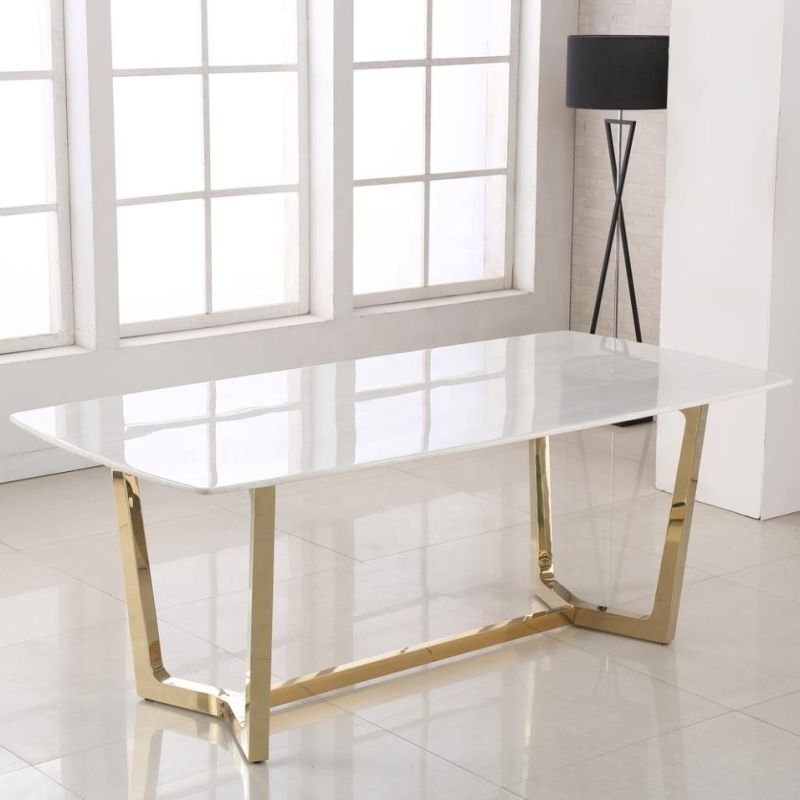 Luxury Design Home Hotel Furniture Tempered Glass Marble Top Golden Steel Dining Table
