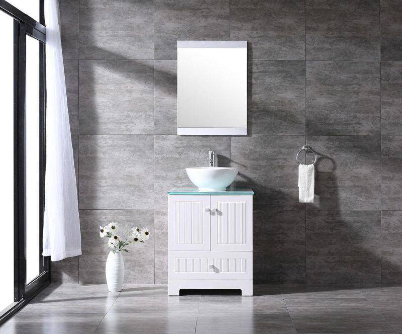 24" Bathroom Cabinet PVC Vanity Ceramic Vessel Sink Glass Top W/Mirror Set White Bathroom Furniture