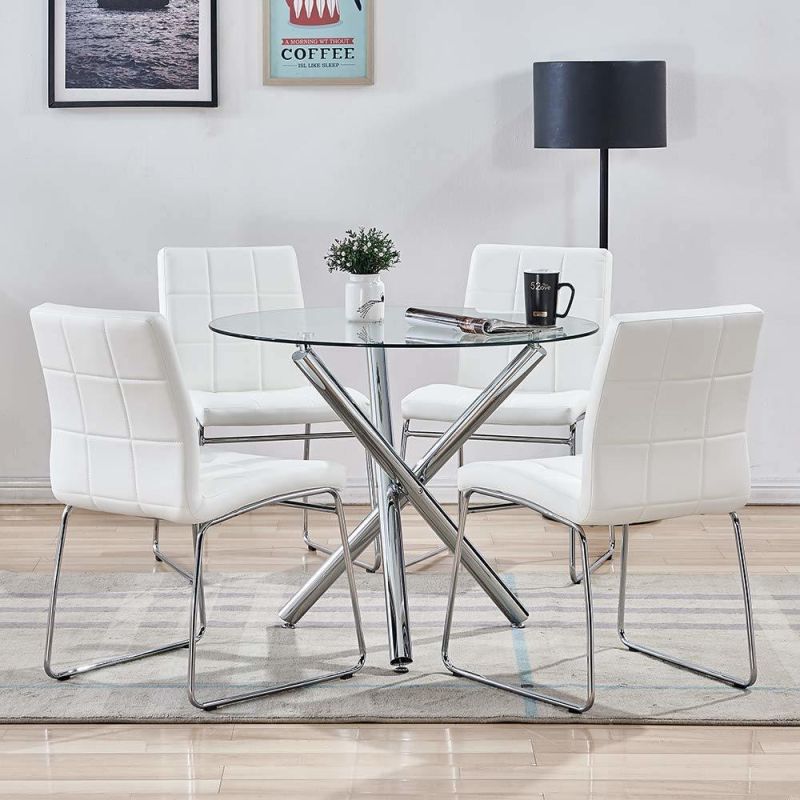 Hot Sale Tempered Glass Top Stainless Steel Chromed Iron Leg Customized Table Size Modern Style Dinner Restaurant Furniture Dining Table