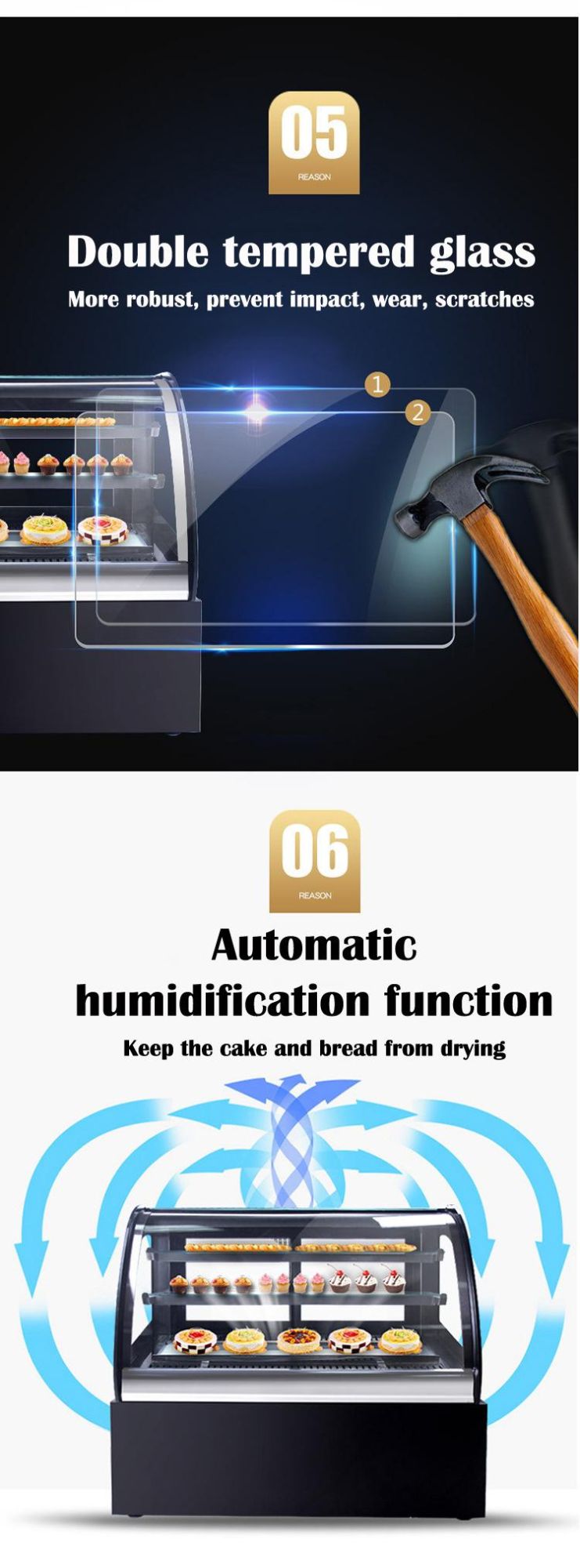 Commercial Automatic Defrost Cake Display Cabinet with High Transparent Glass