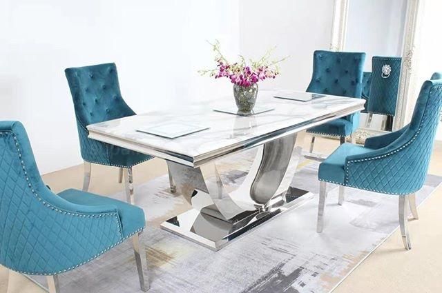 Modern Restaurant Chromed Steel Metal Base Artificial Marble Dining Tables