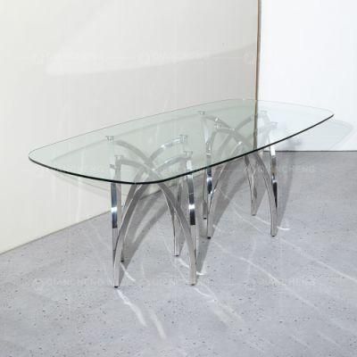 Foshan Ss Factory Tempering Glass Silver Dining Room Furniture Table