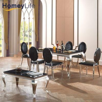 Easy-to-Clean Black Marble Round Dining Table with Silver Chrome Stainless Steel Base